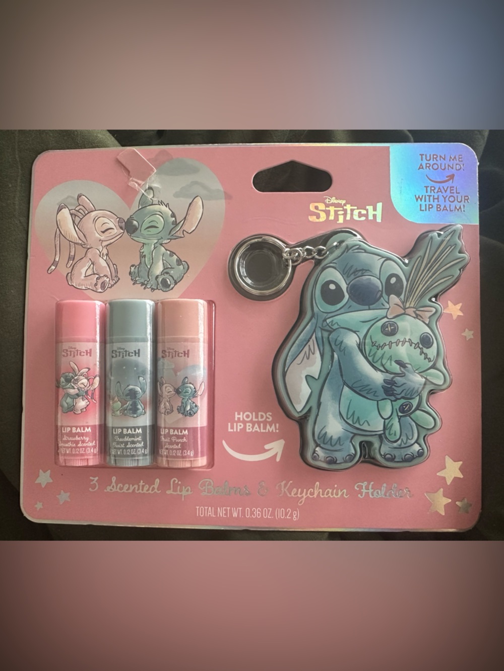 Disney Stitch Lip Balm Trio with Keychain Holder - Berry, Mint, Fruit Punch